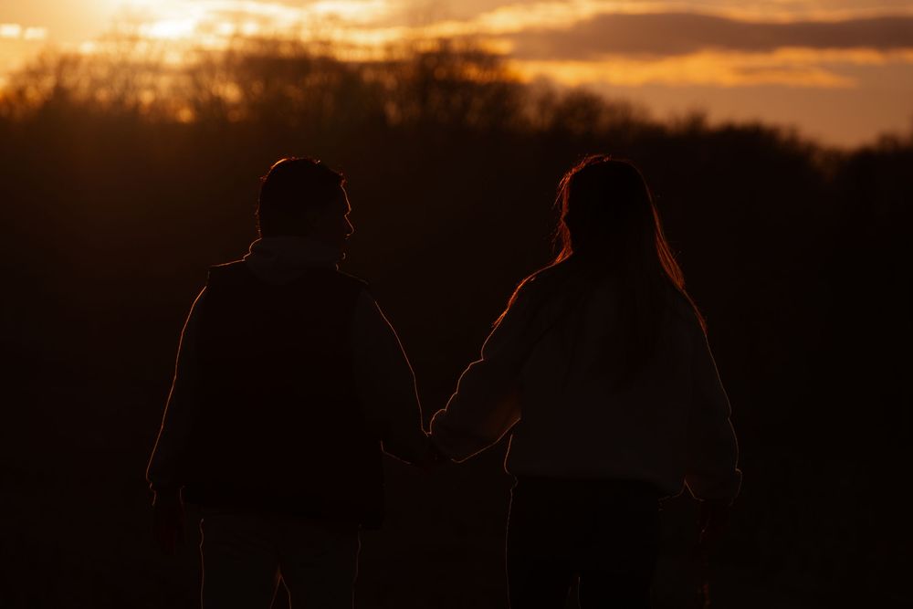 Silhouette of a couple holding hands against a golden sunset sky with dark trees in the background.