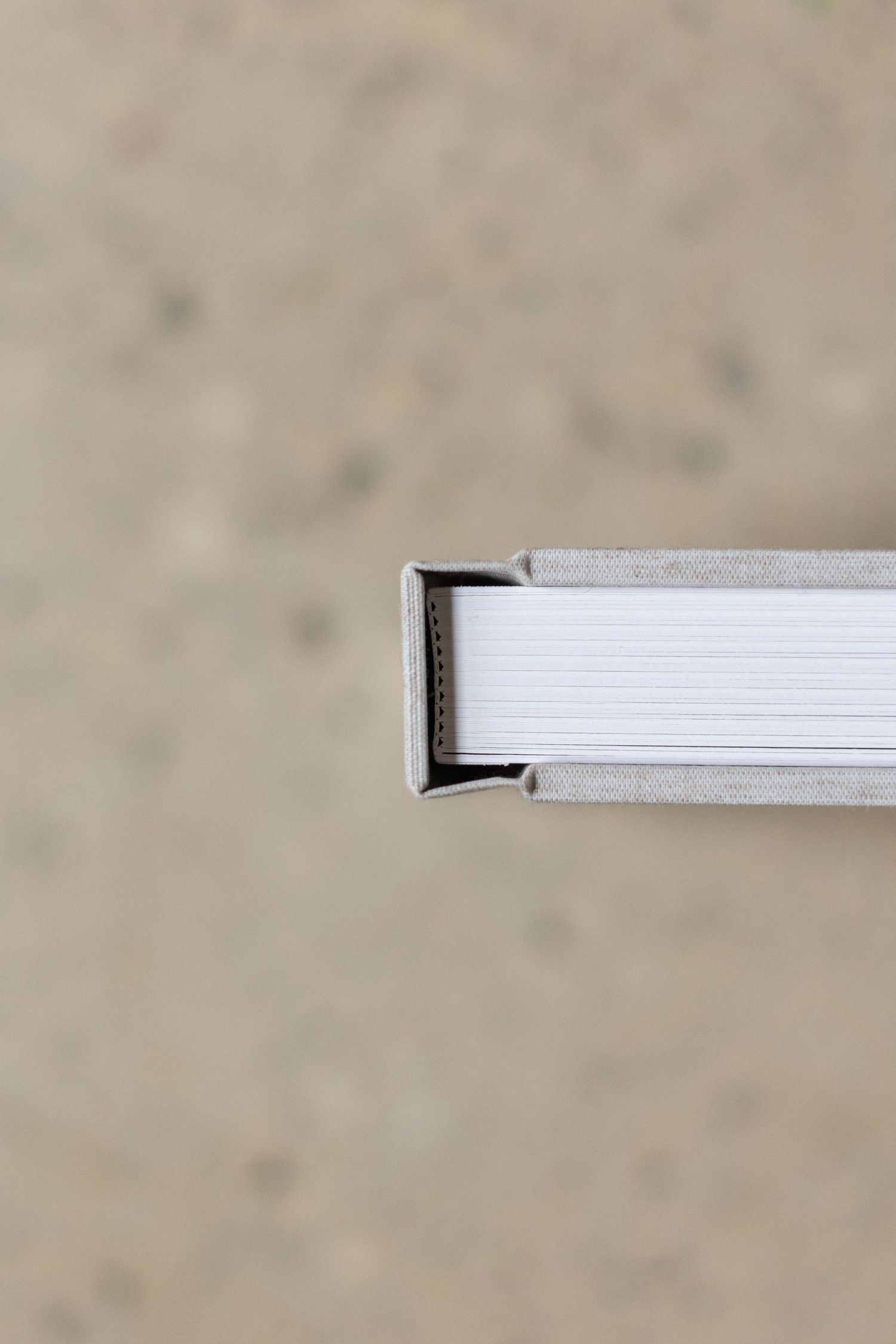 Close-up view of white book pages fanned out showing texture and layered edges against neutral background.