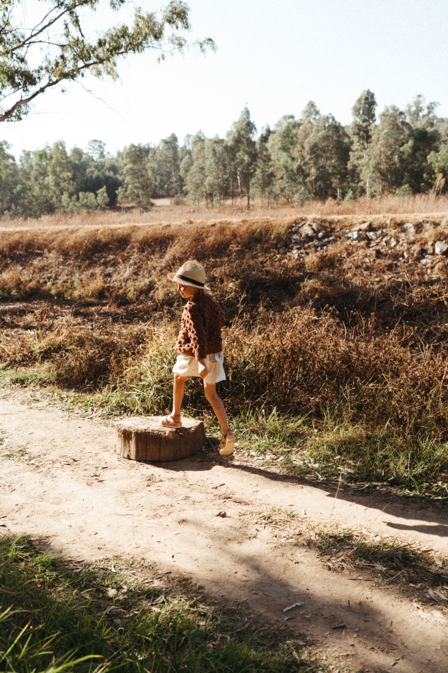 Figure in brown sweater and hat standing on wooden stump along dirt path with trees in background.