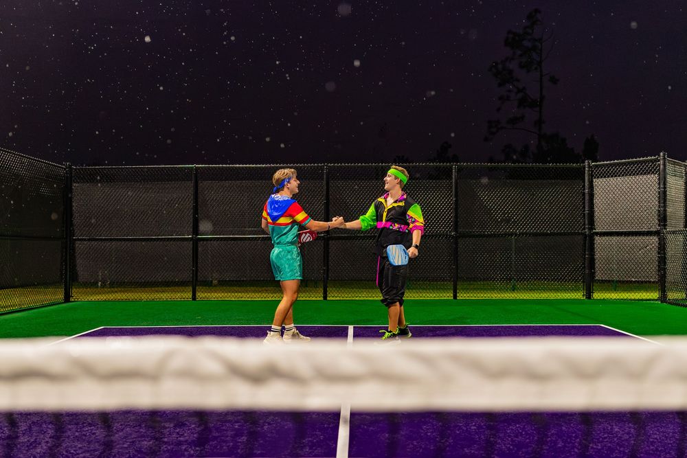 Tennis court performance sequence showing coordinated movements under nighttime lighting.