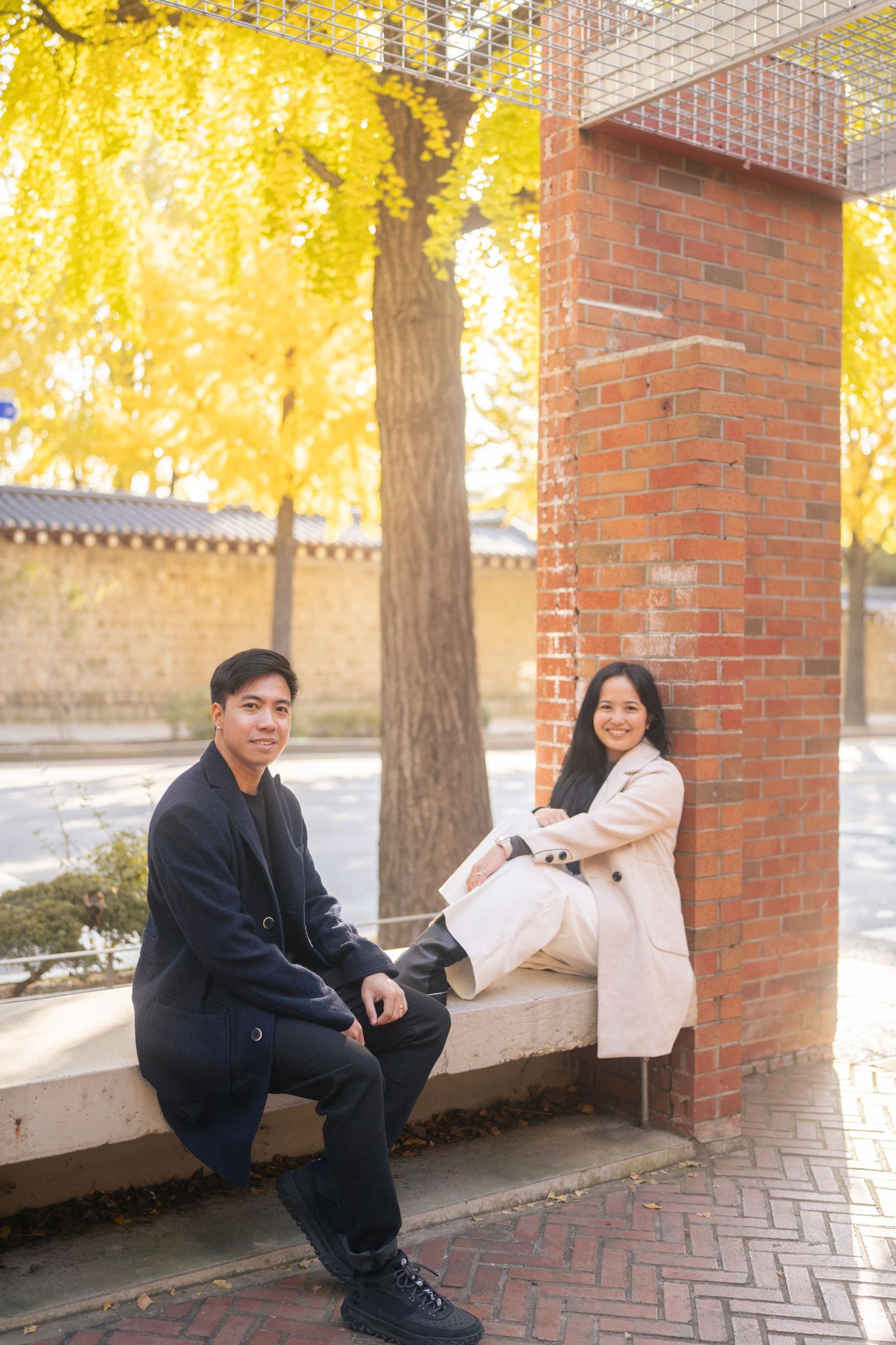 Couple sitting together on brick steps under golden autumn trees on a sunny day.