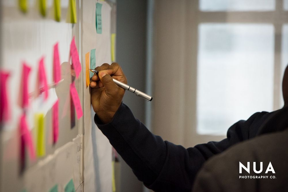 Colorful sticky notes arranged on a white wall during a collaborative brainstorming session.