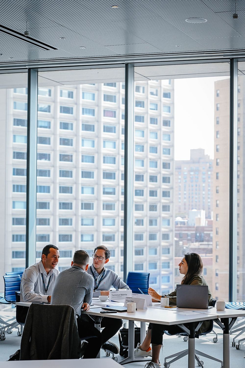 Business professionals collaborate in a modern office meeting room with glass walls and city views.