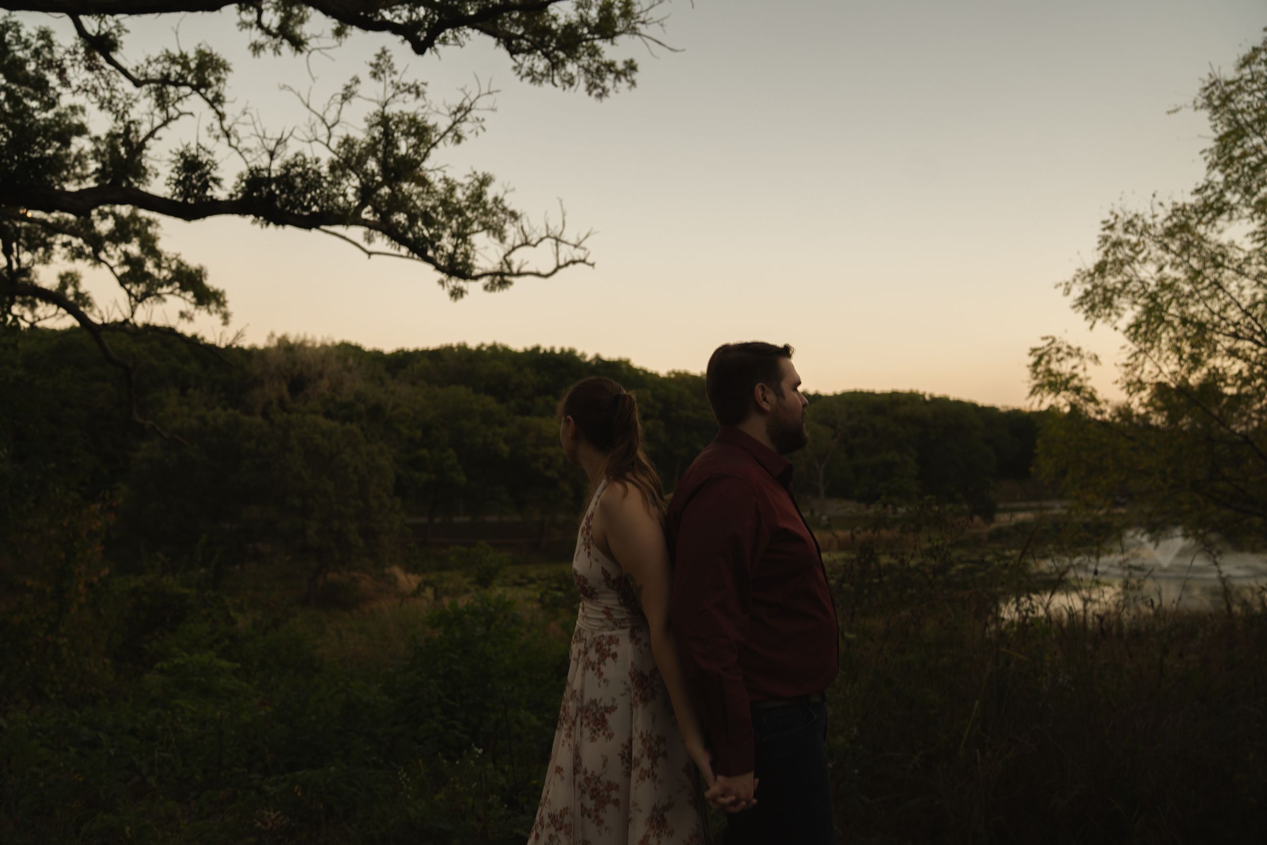 Scenic outdoor engagement photo with natural landscape at dusk.