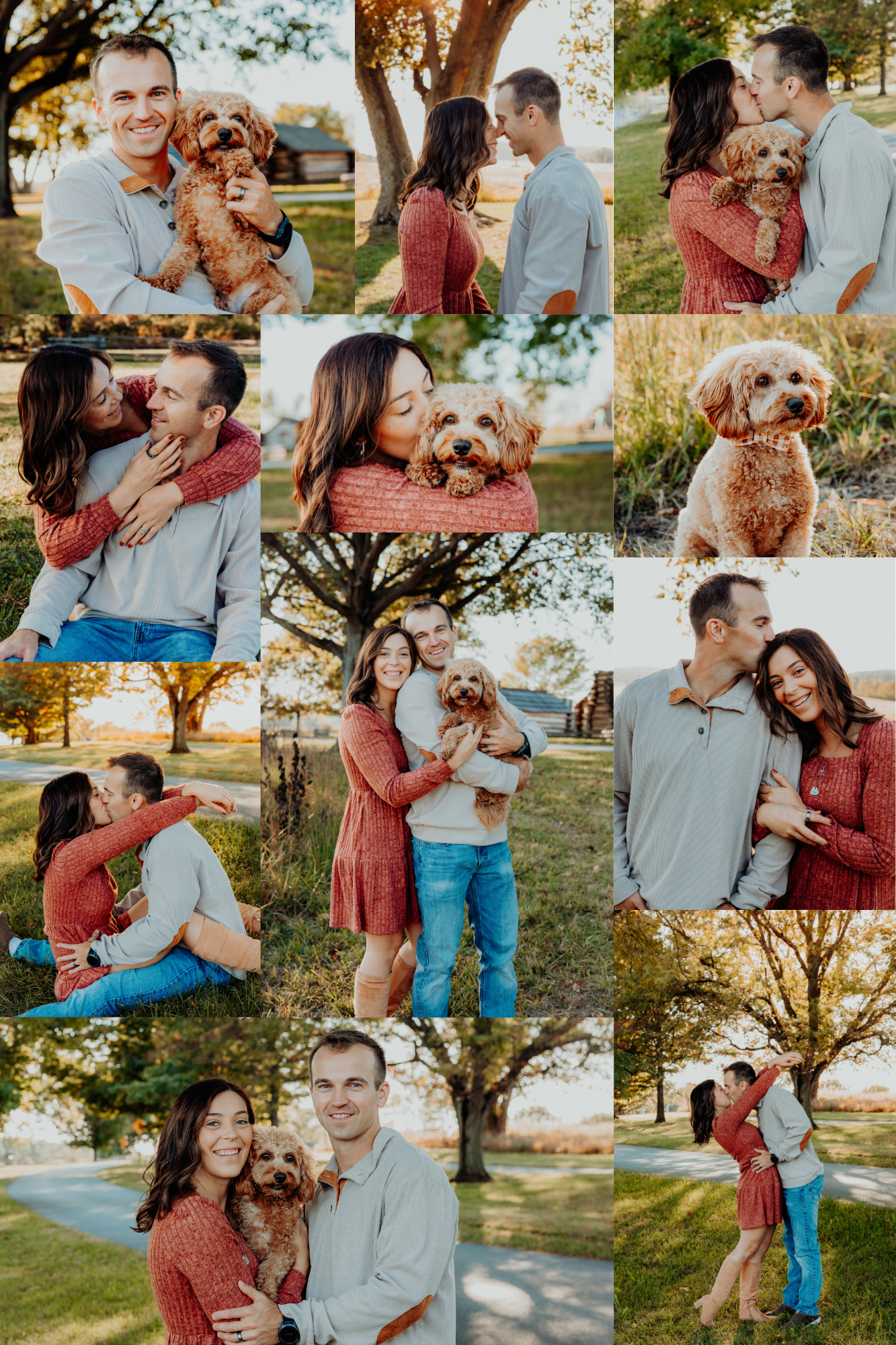 A couple and their goldendoodle dog pose together for outdoor photos in a park during golden hour.