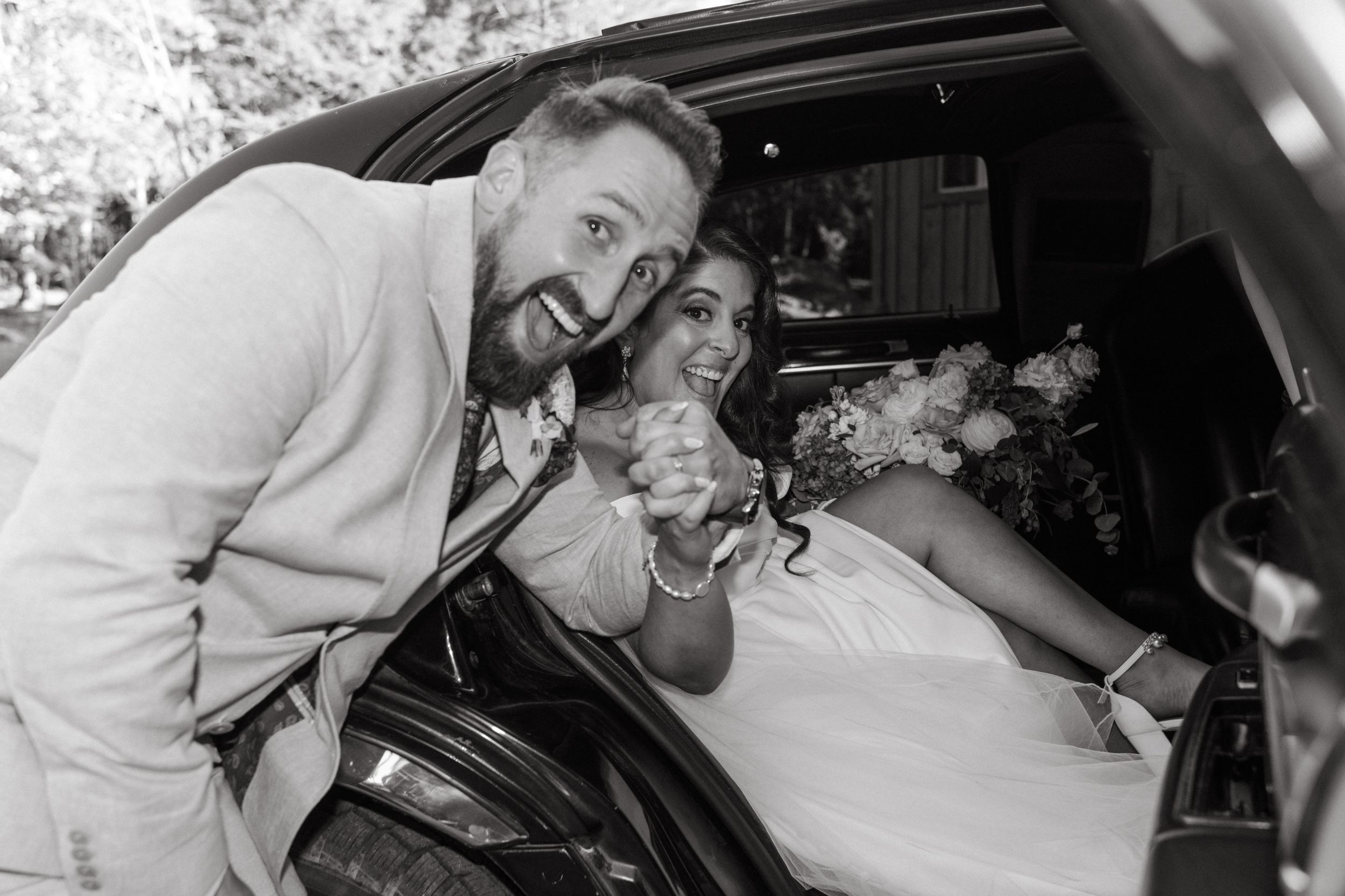 A black and white photo collage showing a couple in a car during what appears to be a wedding celebration.