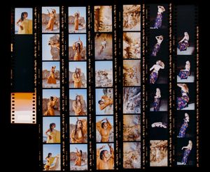 Contact sheet showing multiple fashion photography shots arranged in film strip format.