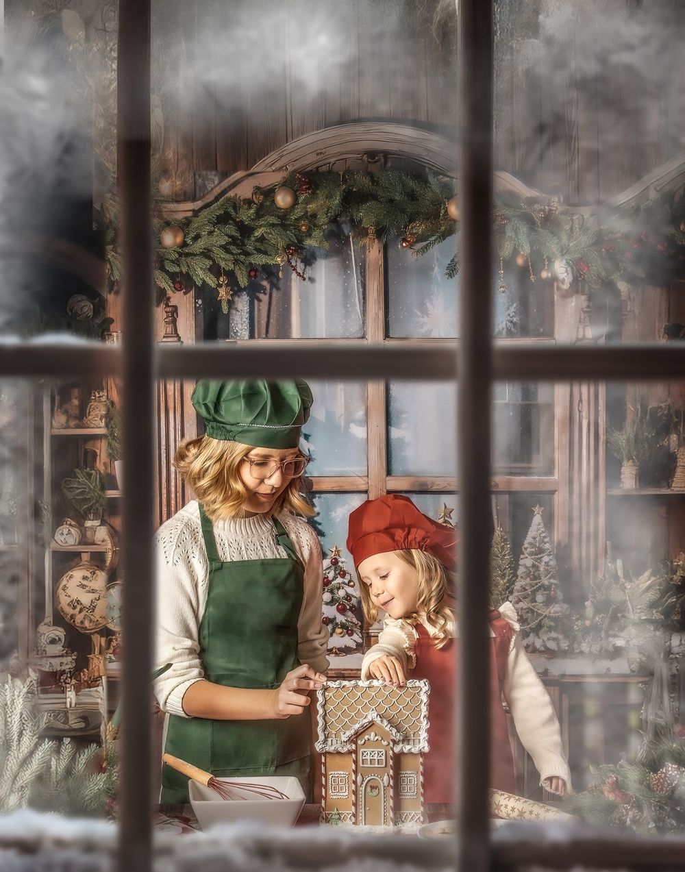 Through a frosty window, two people decorate a festive gingerbread house with holiday greenery and decorations.