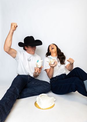 A series of four connected photos showing two people in playful poses against a white background.