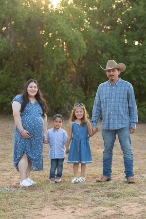 A creative series of family photos showing cropped views of legs and feet standing together in a grassy outdoor setting at sunset.
