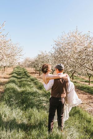 Couple walking hand in hand through orchard with blooming cherry trees and green grass.