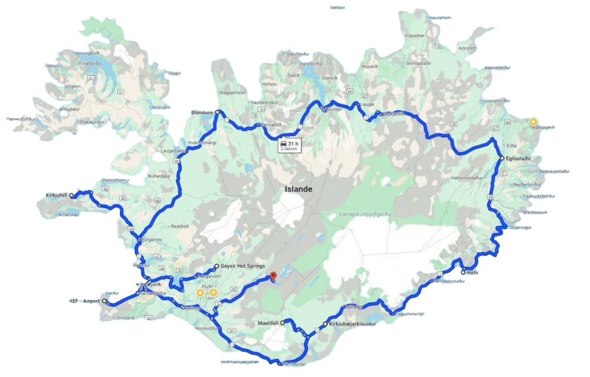 Blue lines trace the borders of Iceland's Ring Road against a white and green topographical map background.