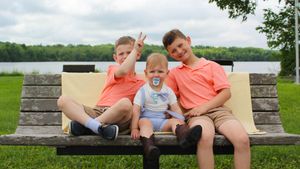 A series of candid outdoor photos showing relaxed moments on a bench by a scenic waterfront on a sunny day.