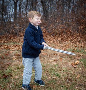 Young child in a navy sweater walking through a fall landscape with bare trees and scattered leaves.