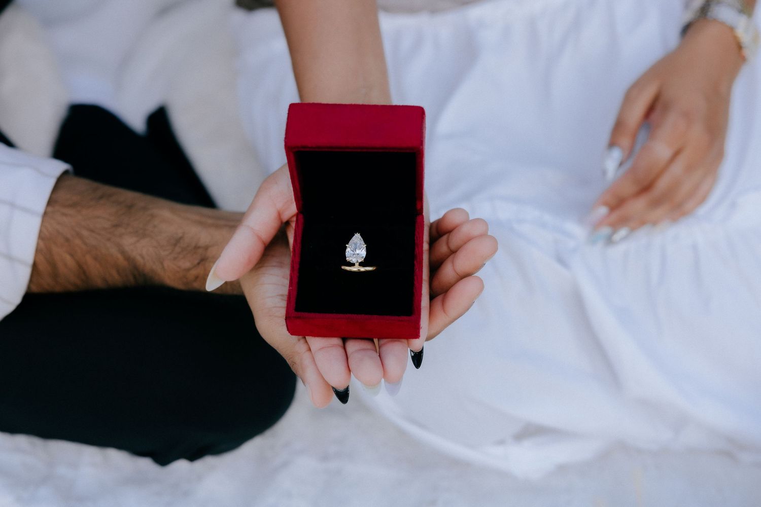 Engagement ring during photoshoot at Shinjuku Gyoen national garden