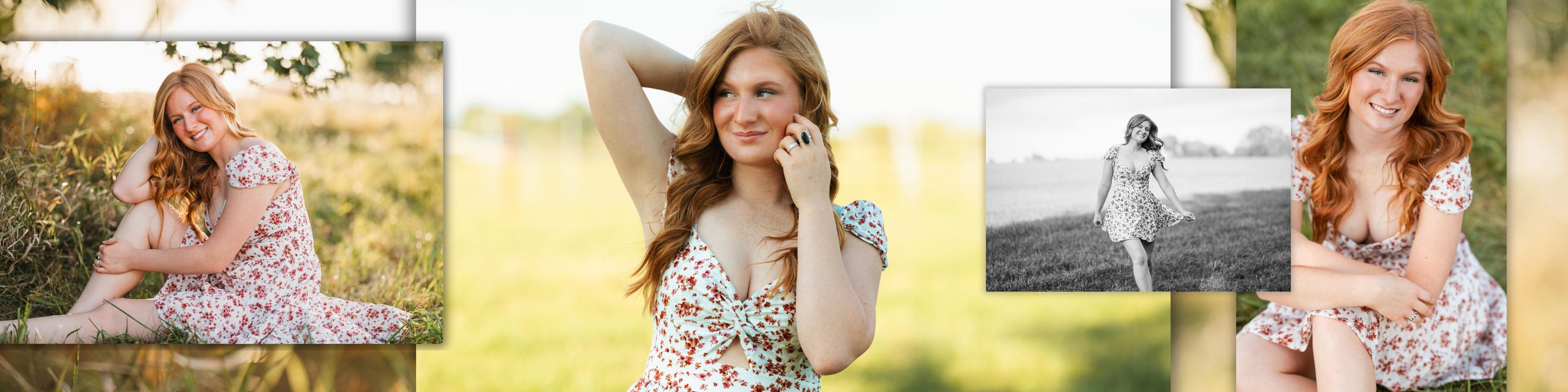 A collection of outdoor portrait photography thumbnails showing soft natural lighting and floral dresses in warm summer settings.