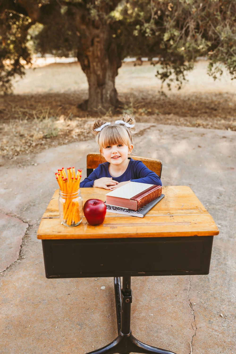 Vintage wooden school desk outdoors with pencils, books and red apple under a large tree on sunny autumn day.