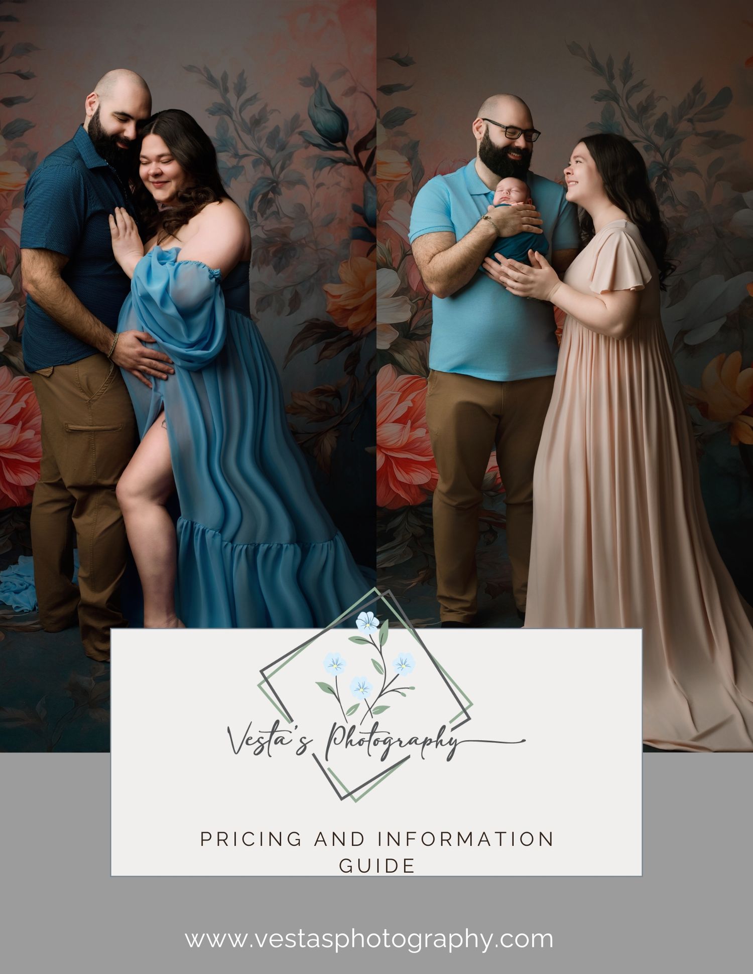 Romantic couple photoshoot against floral wallpaper showcasing intimate moments in teal and beige outfits.