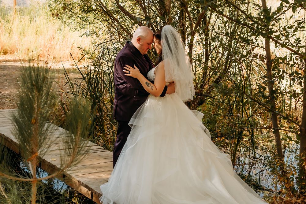 Couple embraces during sunset wedding photoshoot near water with natural foliage.