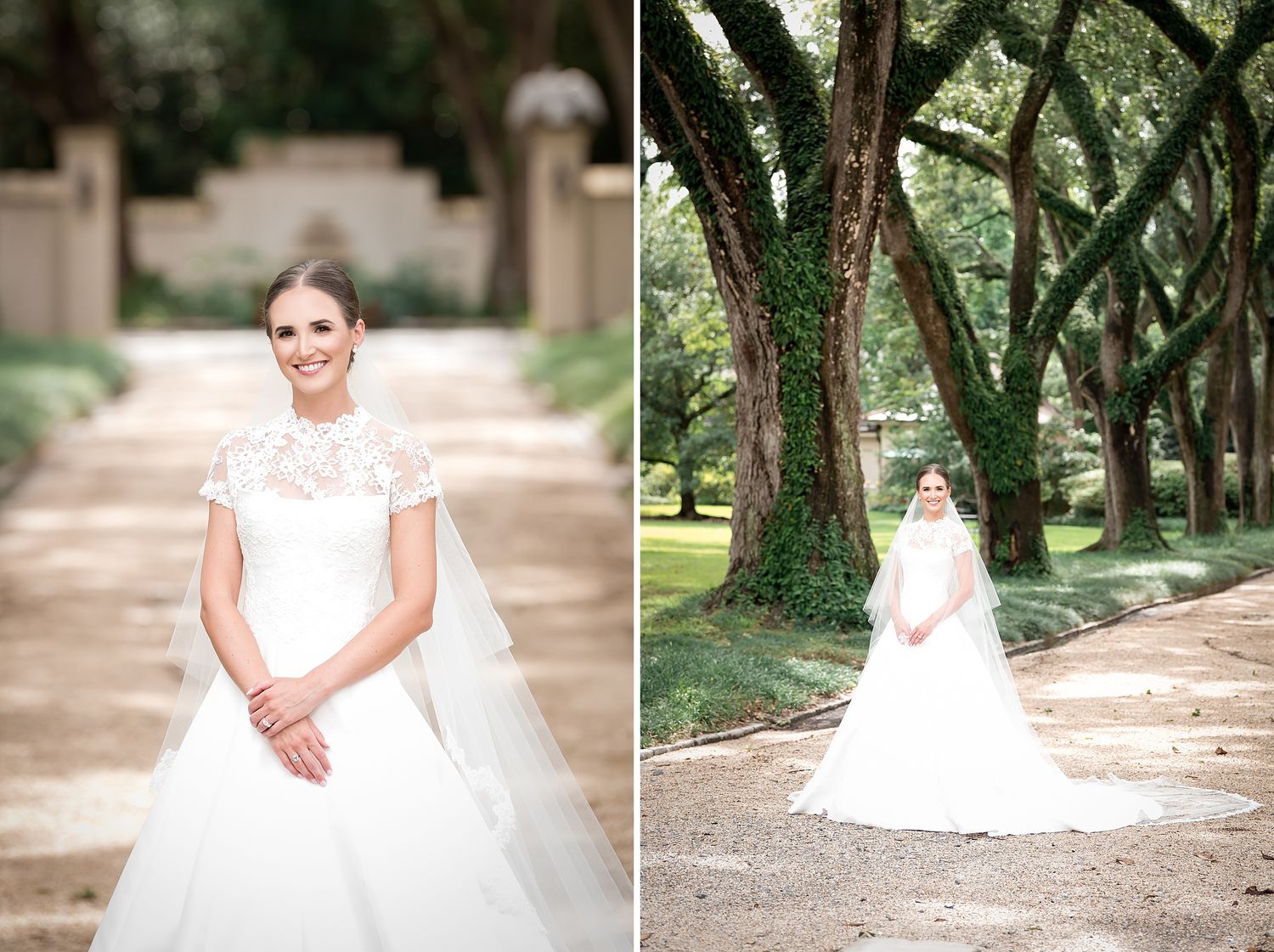 A series of bridal portraits showing a flowing white wedding dress against a garden path.