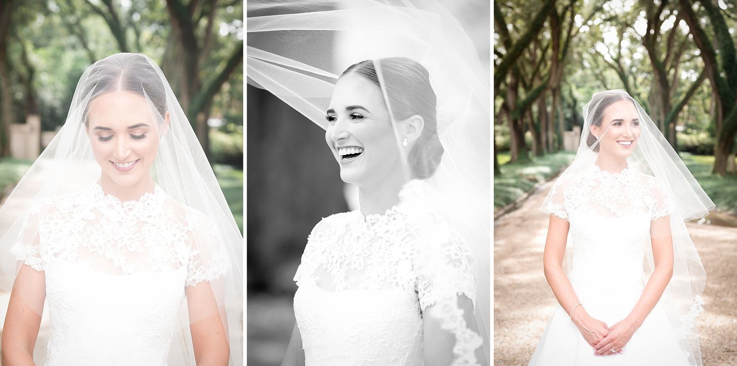 A collection of artistic black and white bridal portraits in an outdoor garden setting.
