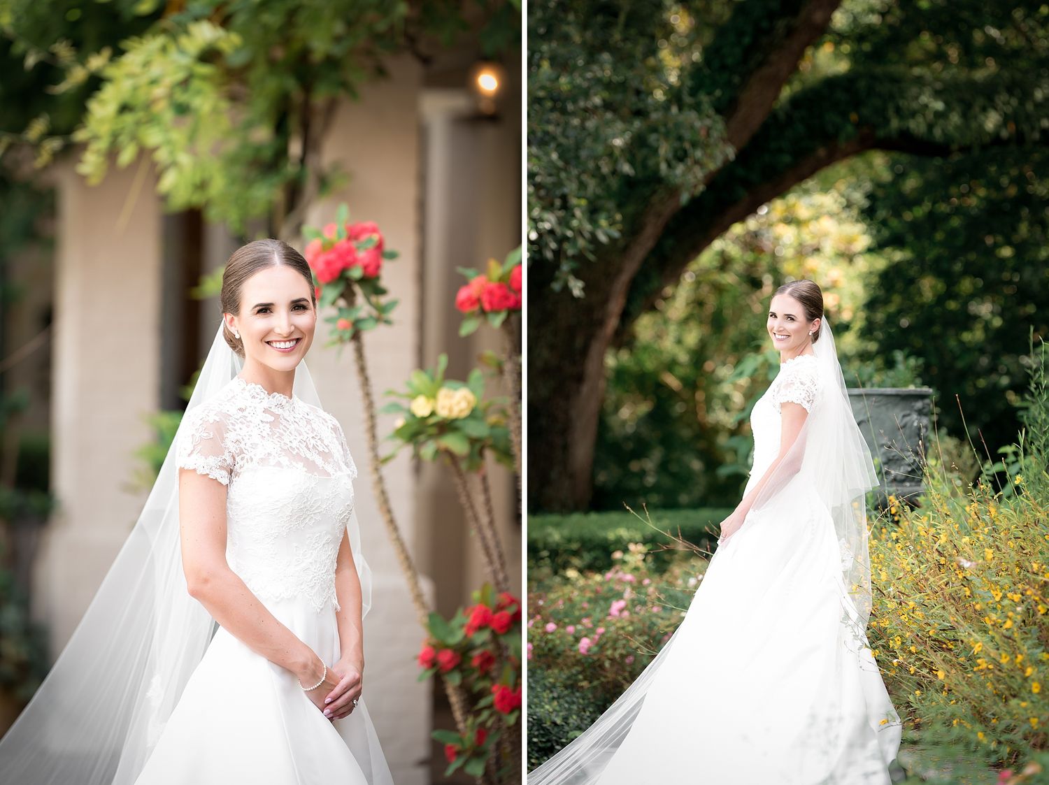 Elegant bridal portraits featuring a white wedding gown amidst blooming garden flowers.