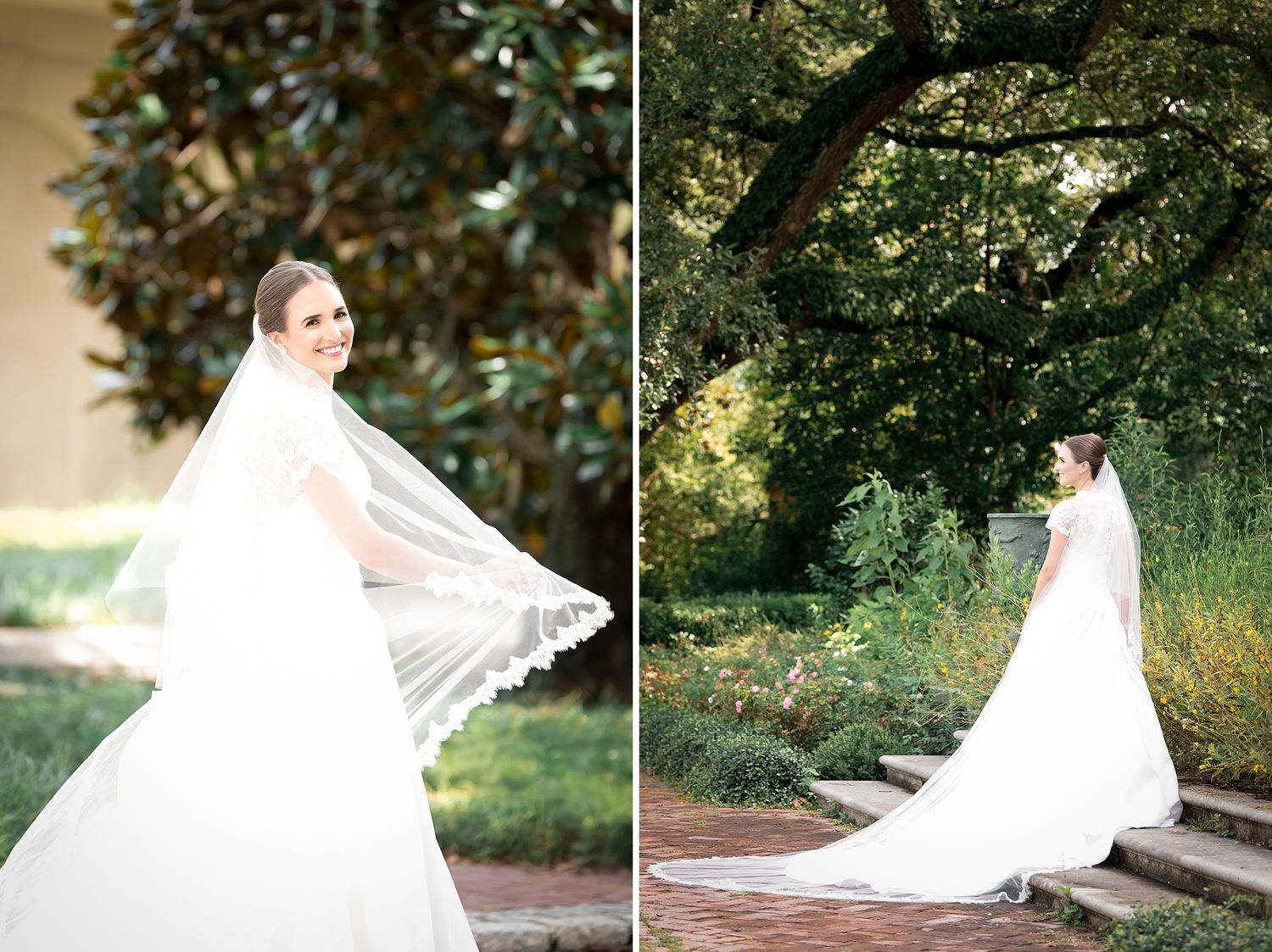 A bride in a flowing white gown twirls gracefully in an outdoor garden setting with lush greenery.