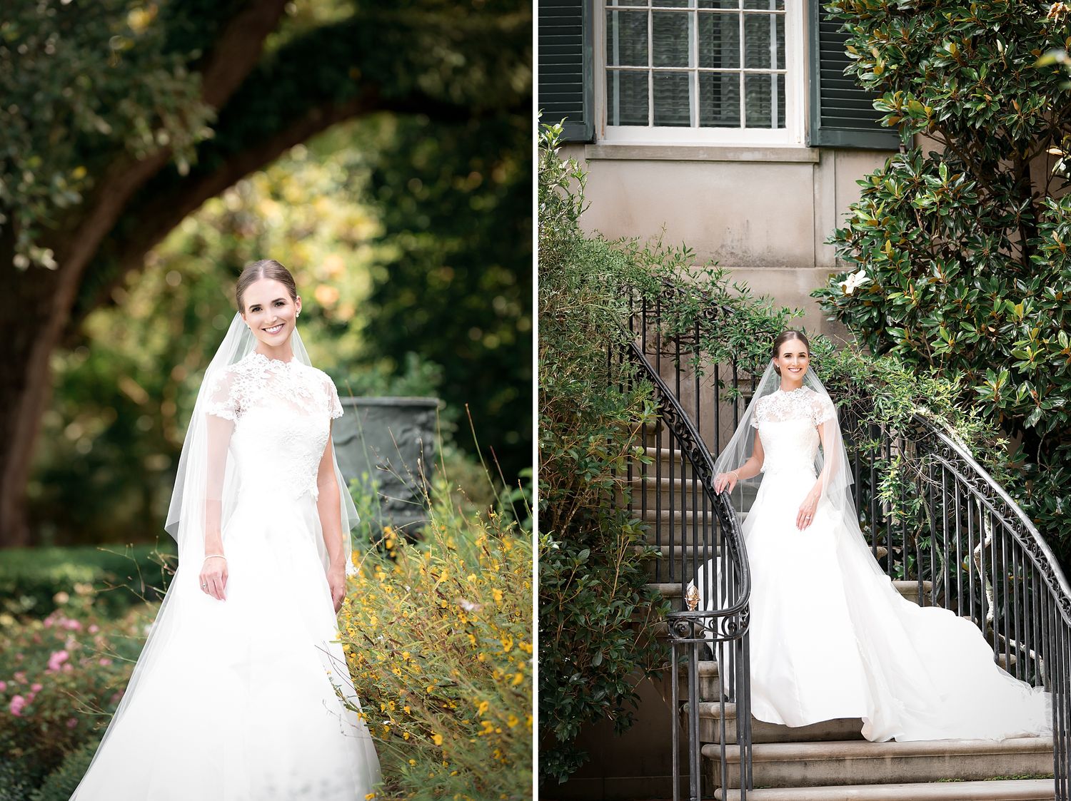 Multiple shots of a bride posing elegantly on outdoor steps with natural garden backdrop.
