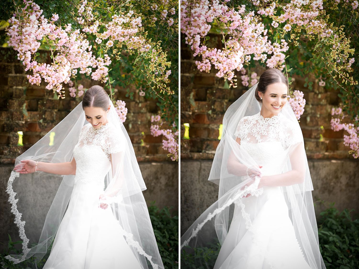 A series of romantic bridal portraits with pink flowering trees and garden elements.