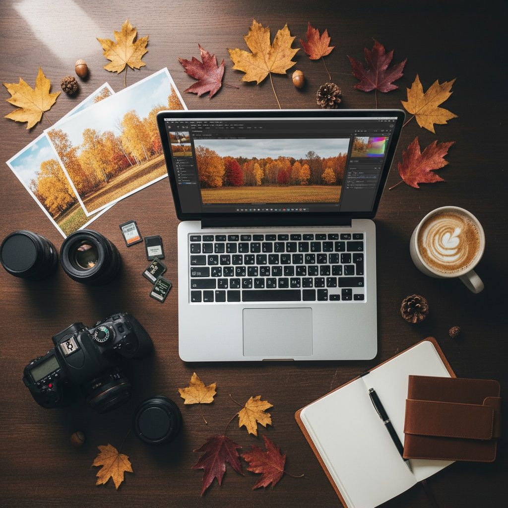 Autumn maple leaves scattered around laptop, camera, and coffee on dark wooden desk with creative workspace setup.