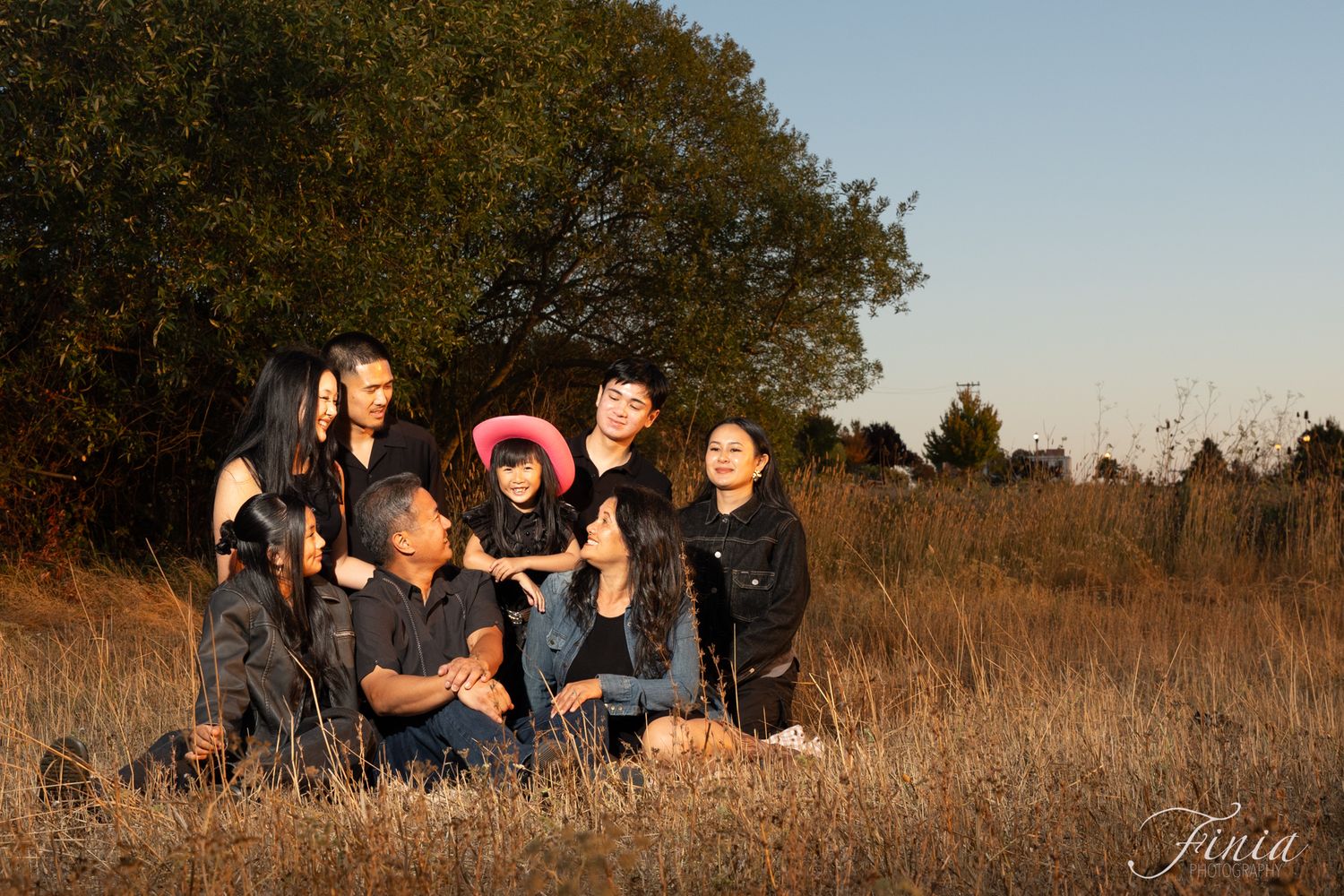 A series of outdoor family portraits captured in a golden field during sunset with warm autumn lighting.