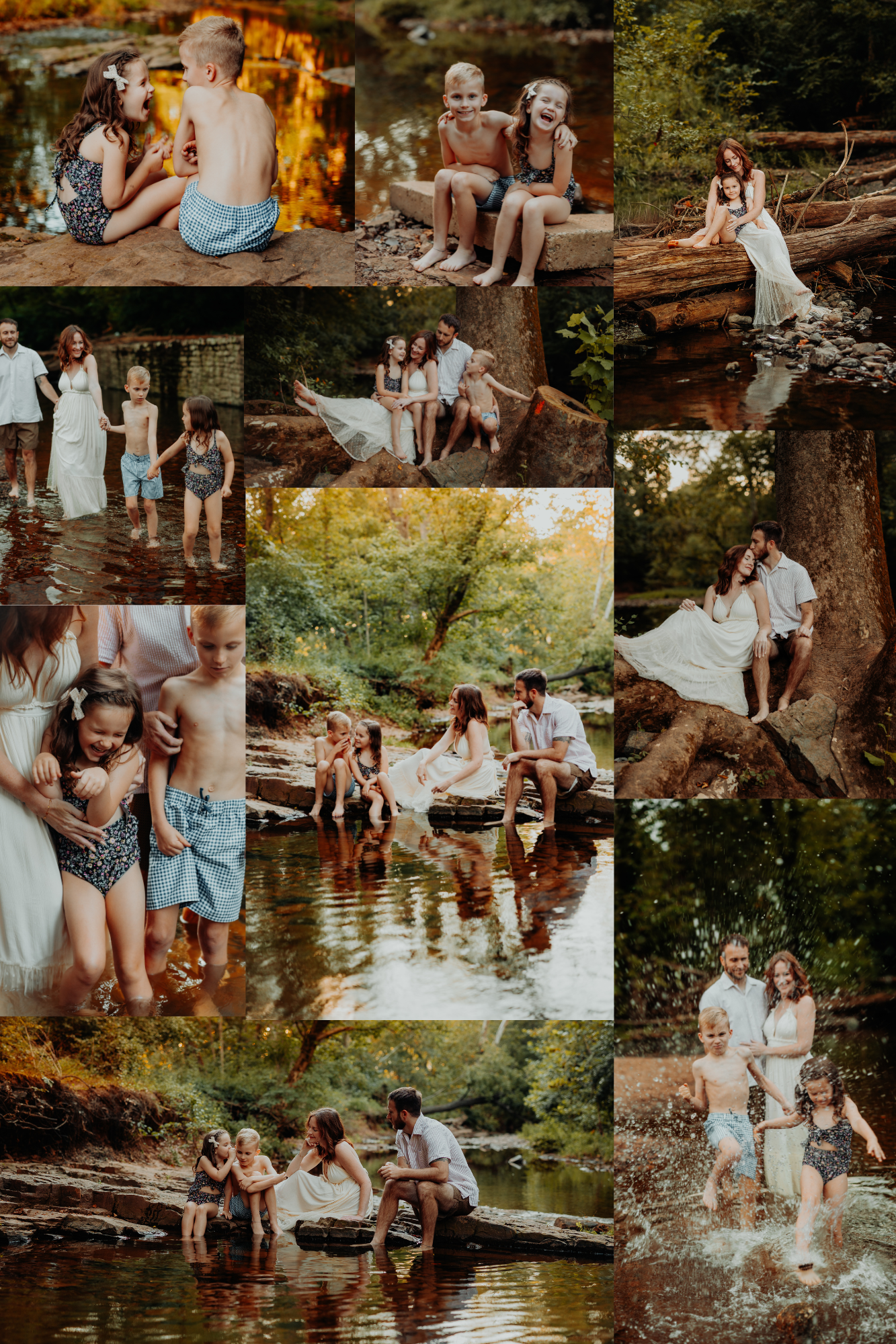 A collage of candid summer photos showing people enjoying time together by a serene pond in a wooded setting.