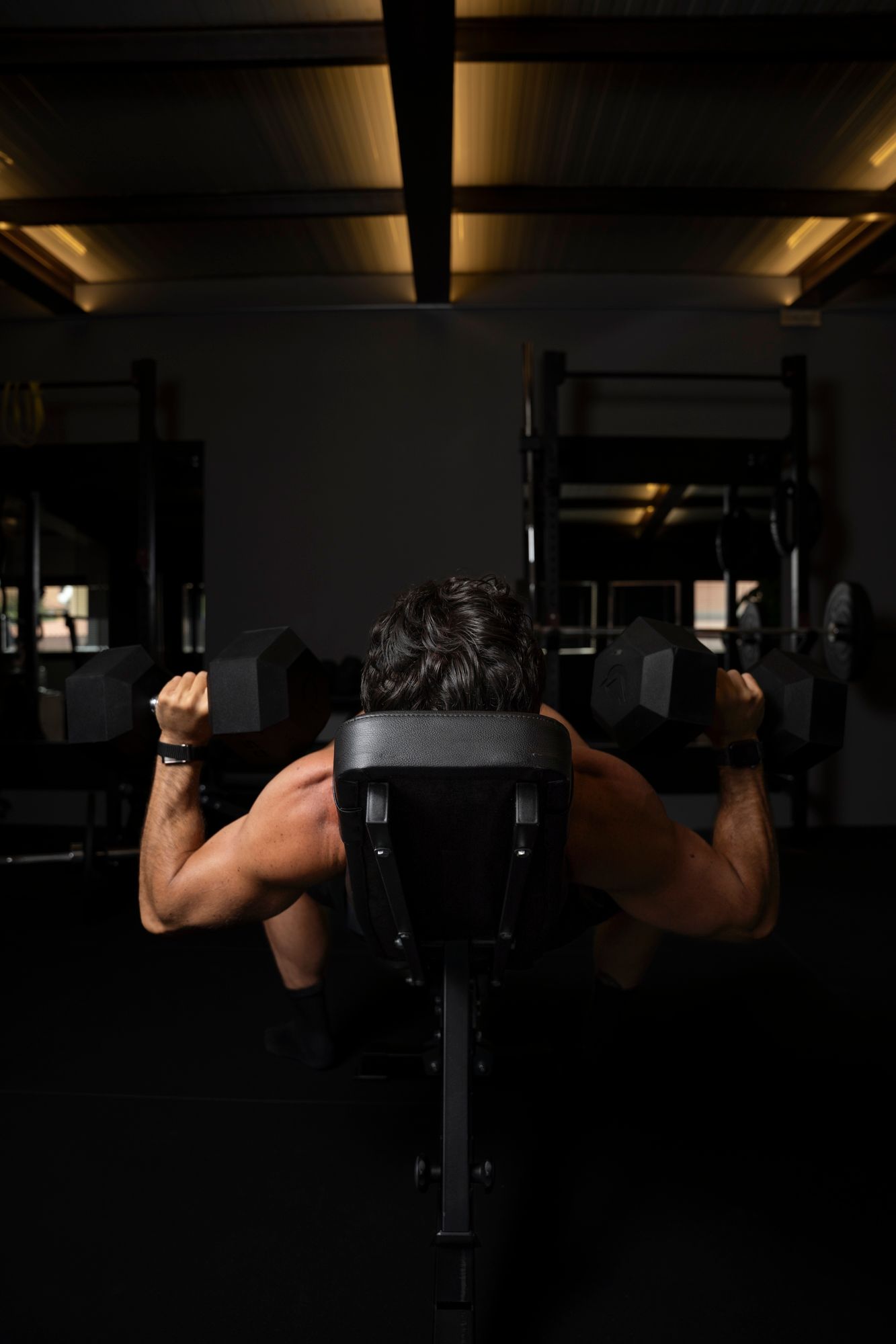 Low-light shot of a person performing a seated dumbbell press from behind; dramatic strength training and muscle definition.