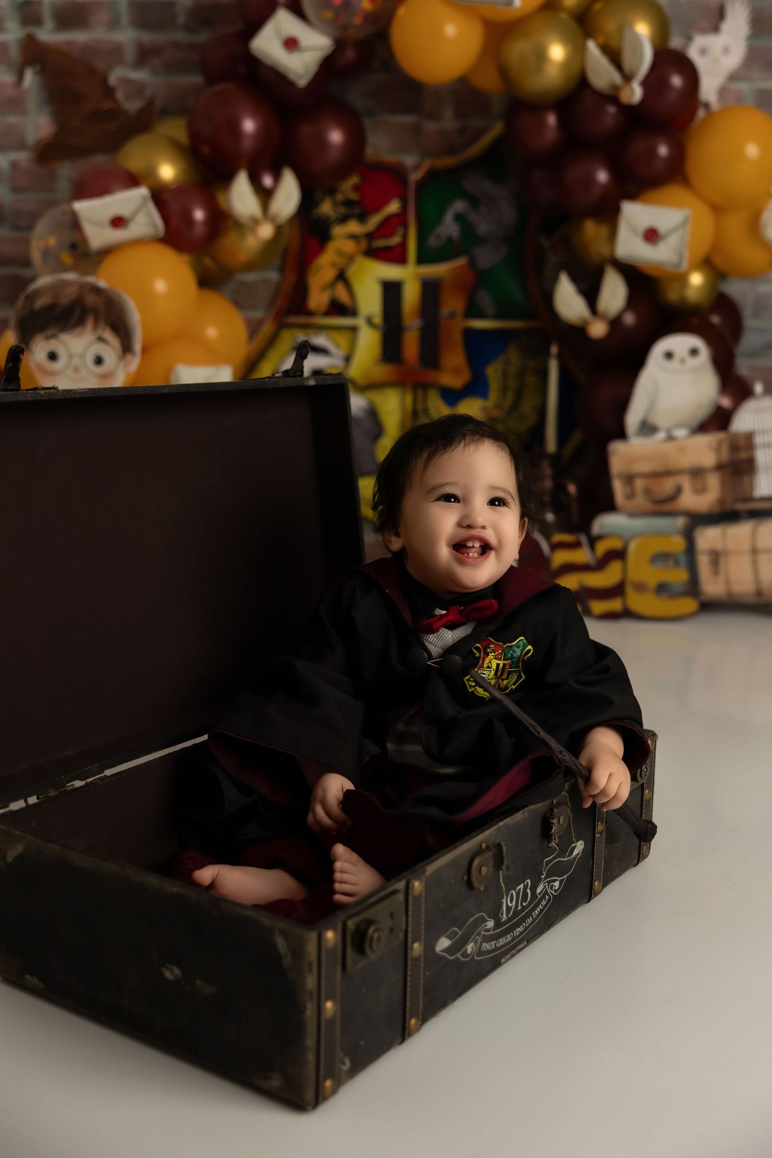 Child in wizard costume sits inside vintage trunk against backdrop of gold and burgundy party decorations.