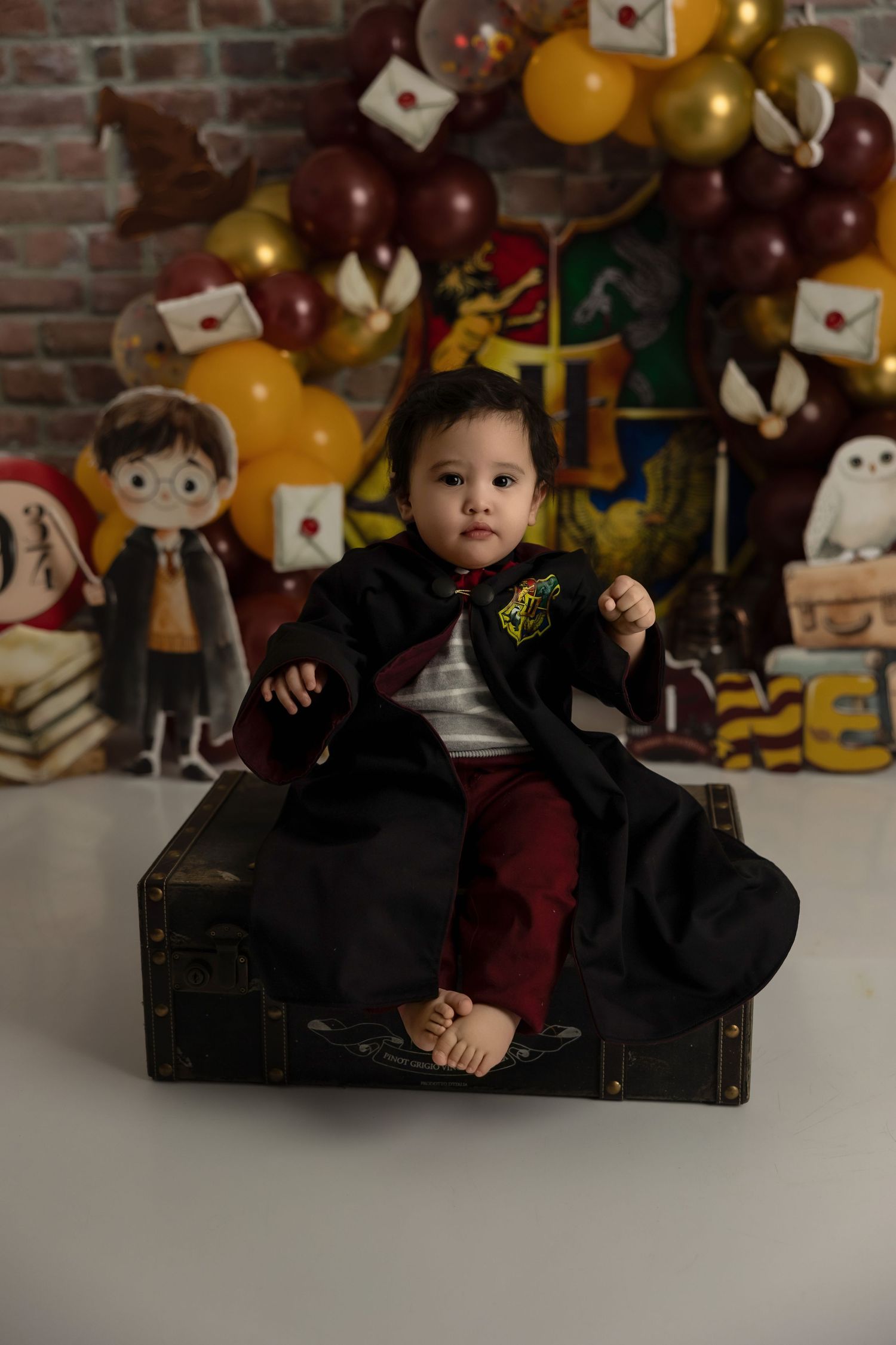 Small child dressed in wizard robes sits atop vintage trunk with themed party decorations in background.