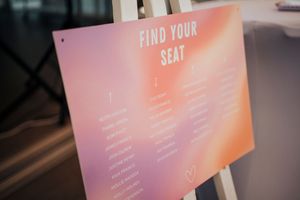 Several pink and orange gradient business cards or menu cards displayed in sequence.