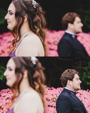 Bride and groom pose separately in front of vibrant pink azalea bushes during an outdoor wedding photoshoot.