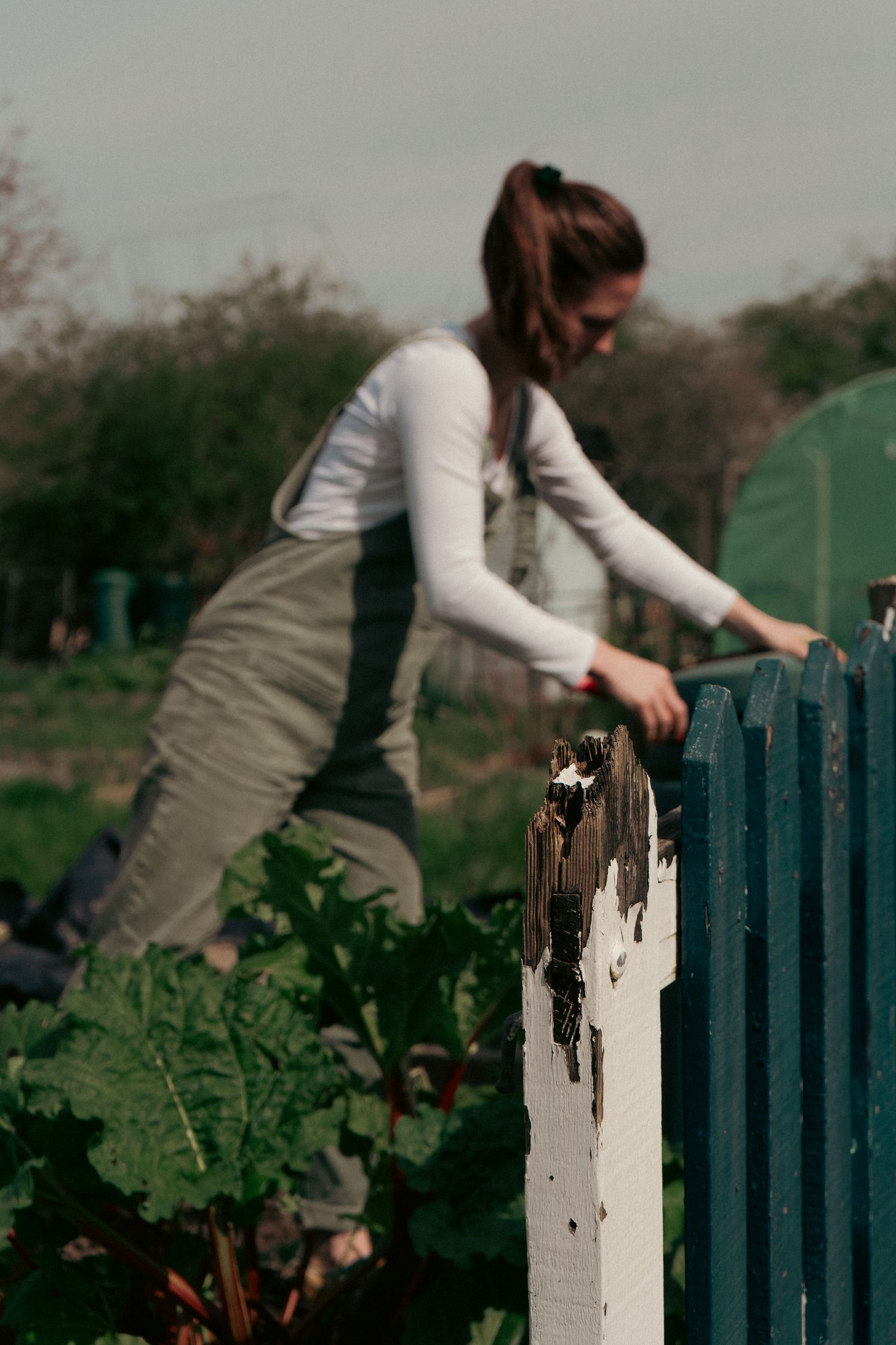 photograph from a branding photo session of a white female wearing green in an allotment with a picket fence in front of her