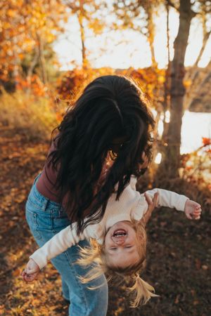 Dynamic photo sequence capturing fun family moments during golden hour in a fall setting.