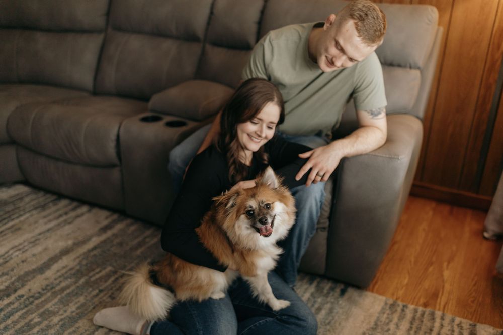 Couple relaxes on gray couch with their happy Shiba Inu dog in living room with hardwood floors.