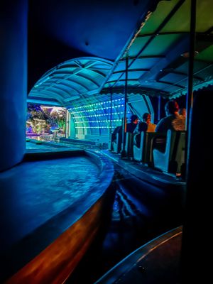 Dark blue-lit curved walkway with illuminated canopy and string lights at a theme park attraction at night.