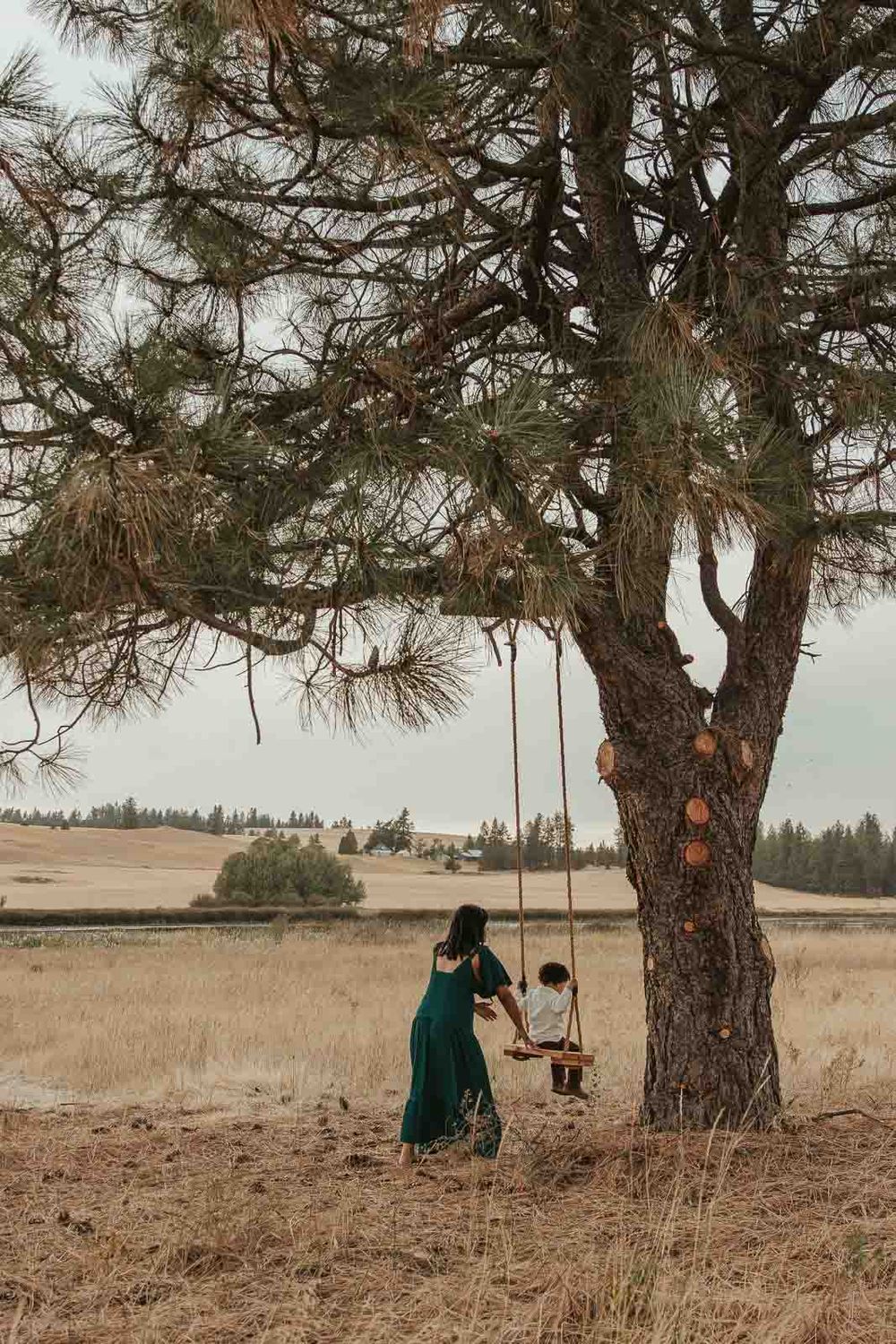 Expecting mother cradling her baby bump and pushing toddler son in tree swing in a deep green maternity dress, in nature in Spokane