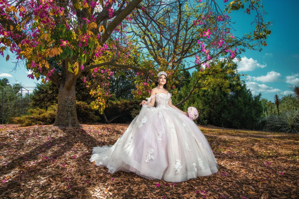 A flowing white ball gown dress displayed outdoors under a vibrant autumn tree with purple blooms against a blue sky.