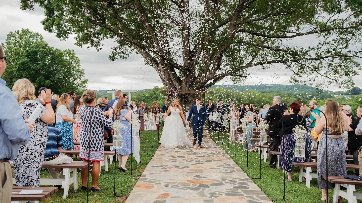 Outdoor wedding ceremony setup with stone pathway under large tree and guests seated on benches.