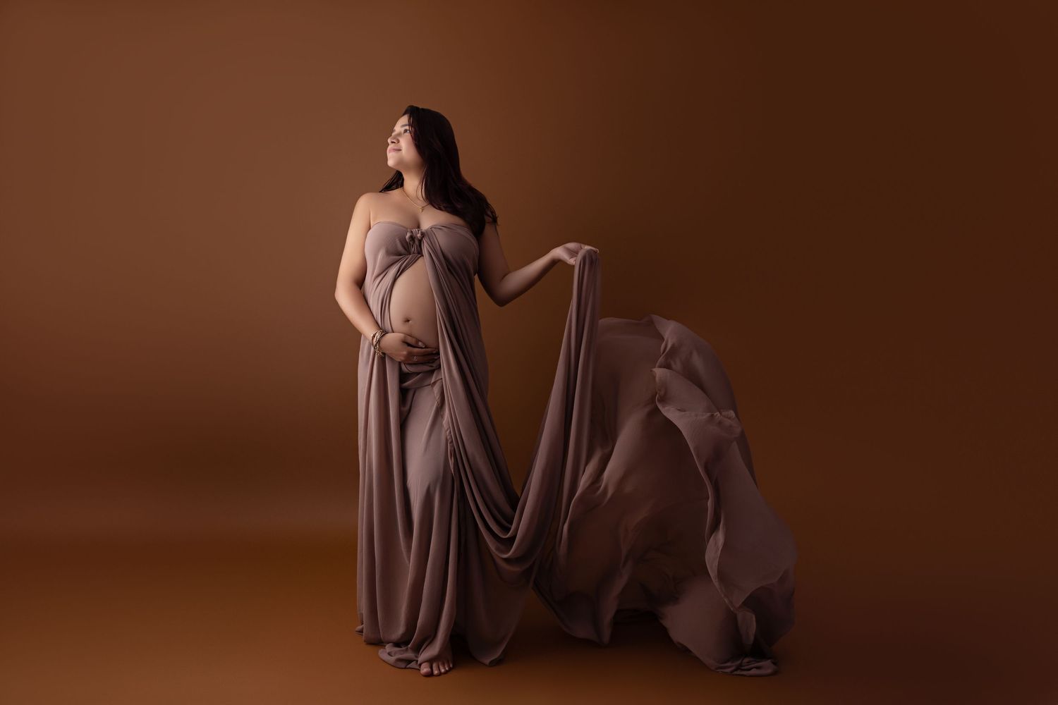 Woman in flowing mauve dress poses gracefully against brown backdrop in artistic maternity photoshoot.