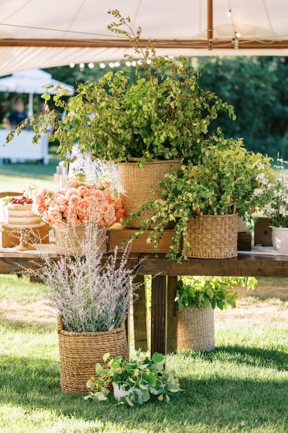 Rustic garden decor featuring potted plants and coral flowers in burlap-wrapped containers arranged on wooden tables.