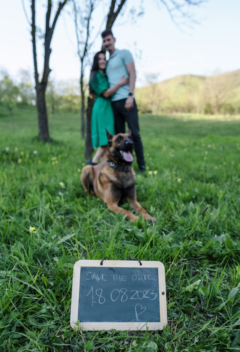 A couple and their German Shepherd dog pose with a chalkboard sign in a green meadow.