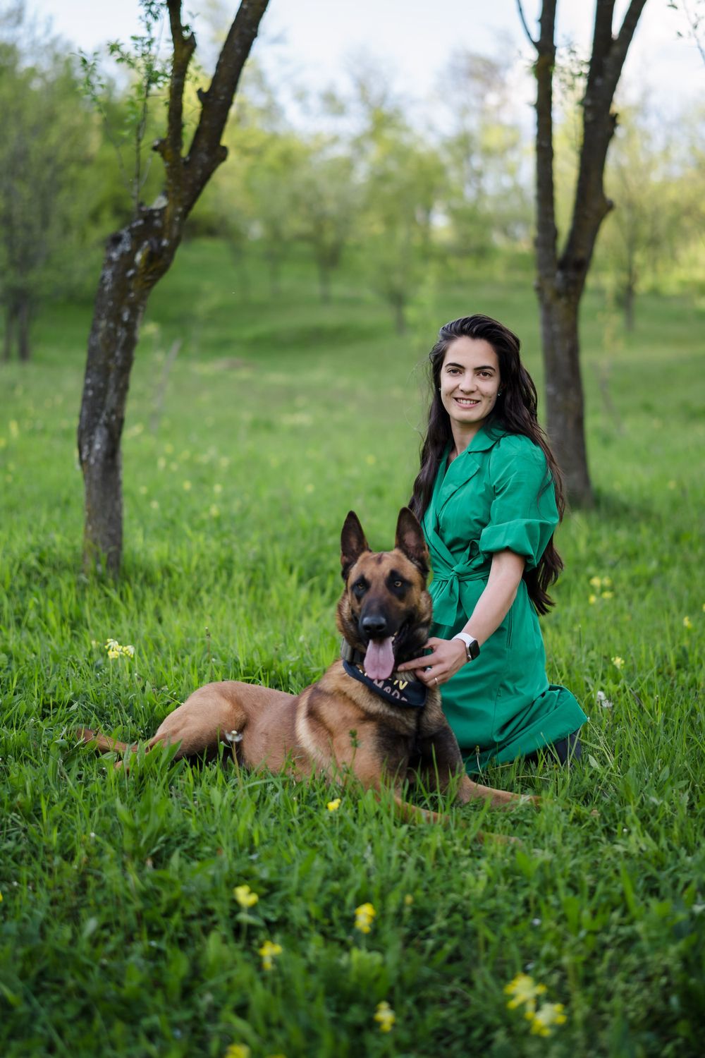 A person in green scrubs sits with a German Shepherd on grass beneath trees.