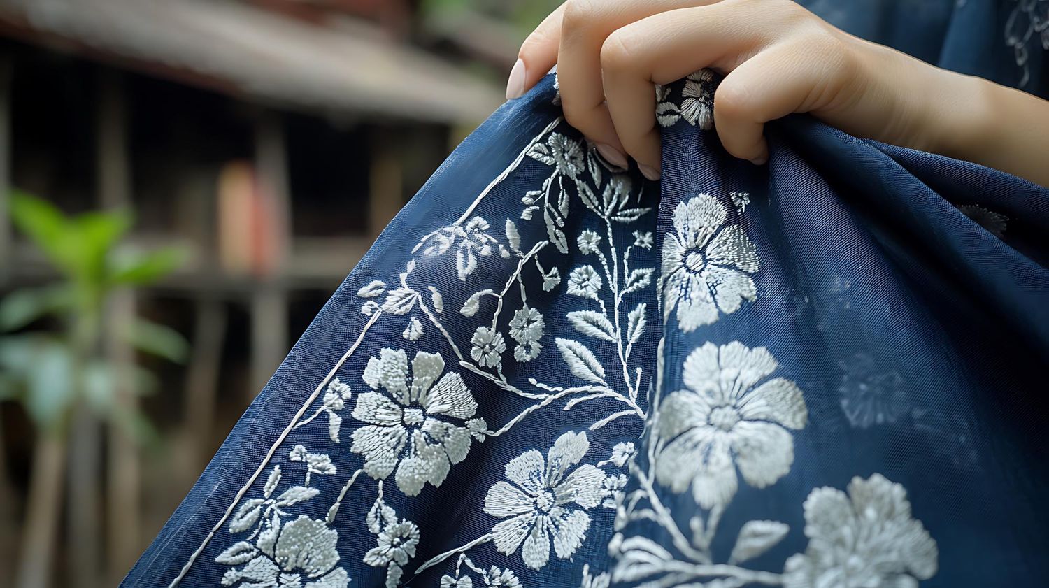 Hand holding traditional indigo-dyed fabric with white floral hibiscus pattern and botanical motifs.What should I buy in Hanoi must-buy