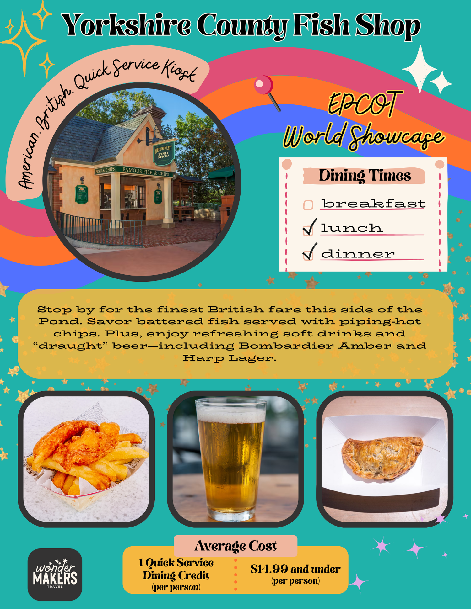 The Yorkshire County Fish Shop restaurant facade at EPCOT World Showcase features a traditional British fish and chips design.